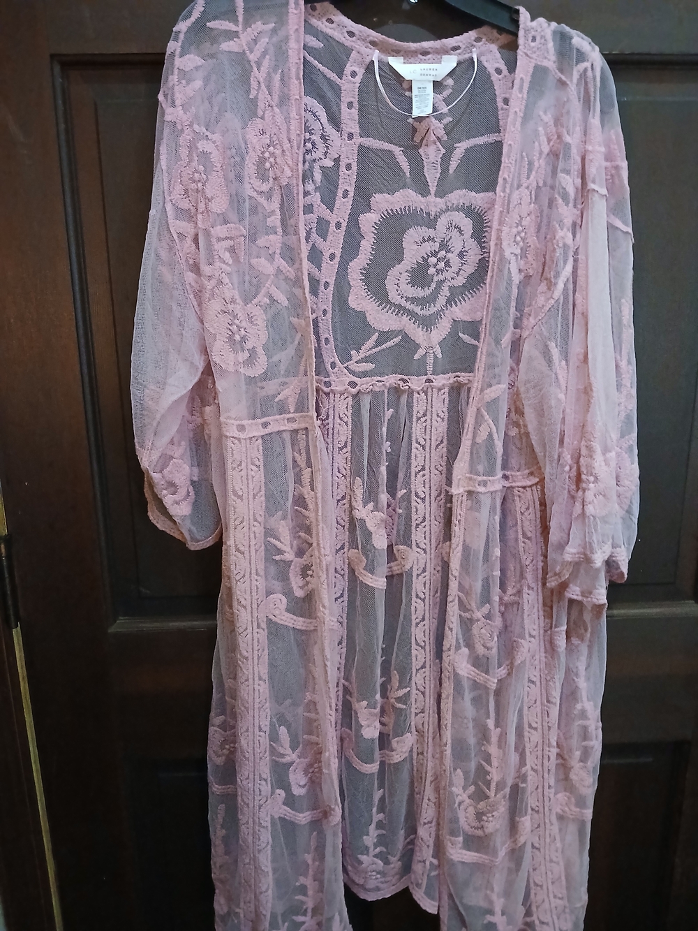 LC Lauren Conrad Pink Sheer Embroidered Lace Duster/Robe Lagenlook, Fairy